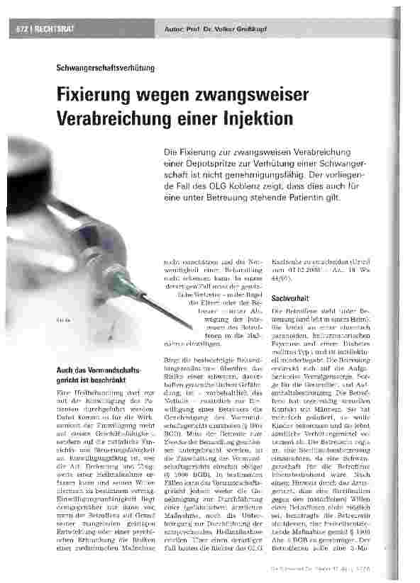 Vorschauseite 1: Schwangerschaftsverhütung Fixierung wegen zwangsweiser Verabreichung einer Injektion