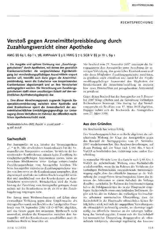 Vorschauseite 1: Verstoß gegen Arzneimittelpreisbindung durch Zuzahlungsverzicht einer Apotheke