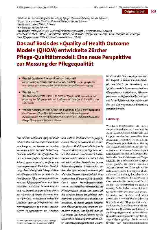 Vorschauseite 1: Das auf Basis des «Ouality of Health Outcome Model» (OHOM) entwickelte Zürcher Pflege-Oualitätsmodell: Eine neue Perspektive zur Messung der Pflegequalität