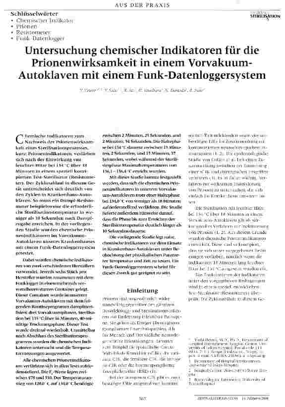 Vorschauseite 1: Untersuchung chemischer Indikatoren für die Prionenwirksamkeit in einem Vorvakuum-Autoklaven mit einem Funk-Datenloggersystem