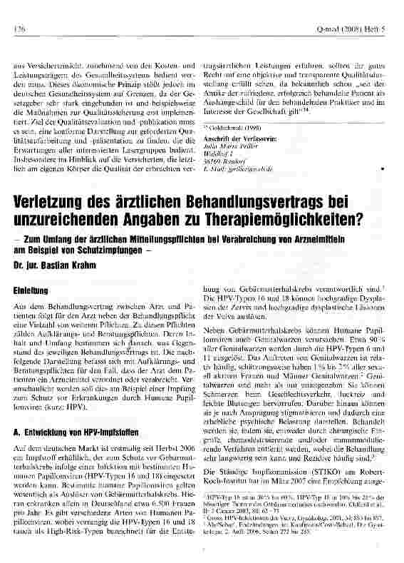 Vorschauseite 1: Verletzung des ärztlichen Behandlungsvertrags bei unzureichenden Angaben zu Therapiemöglichkeiten? Zum Umfang der ärztlichen Mitteilungspflichten bei Verabreichung von Arzneimitte…