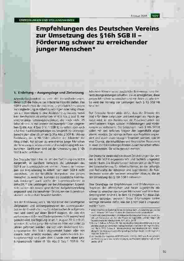Vorschauseite 1: Empfehlungen des Deutschen Vereins zur Umsetzung des §16h SGB II Förderung schwer zu erreichender junger Menschen