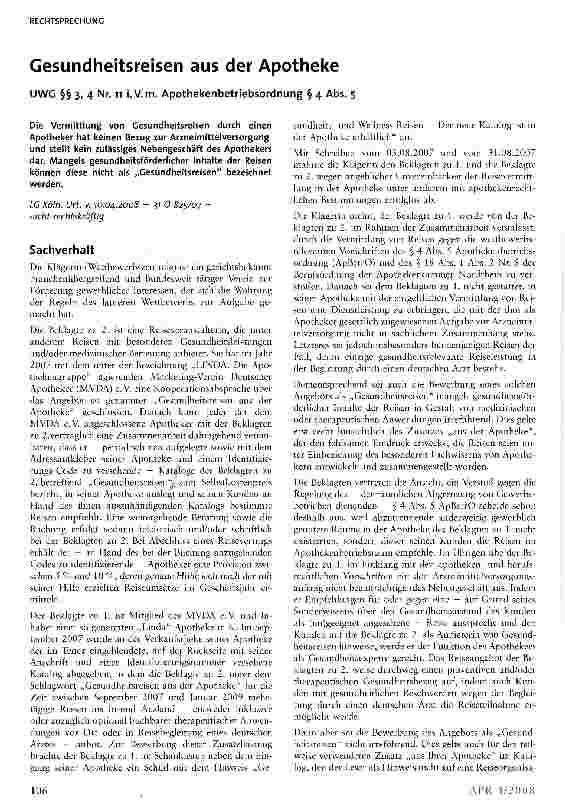 Vorschauseite 1: Gesundheitsreisen aus der ApothekeUWG §§ 3, 4 Nr. n i.V.m. Apothekenbetriebsordnung § 4 Abs. 5