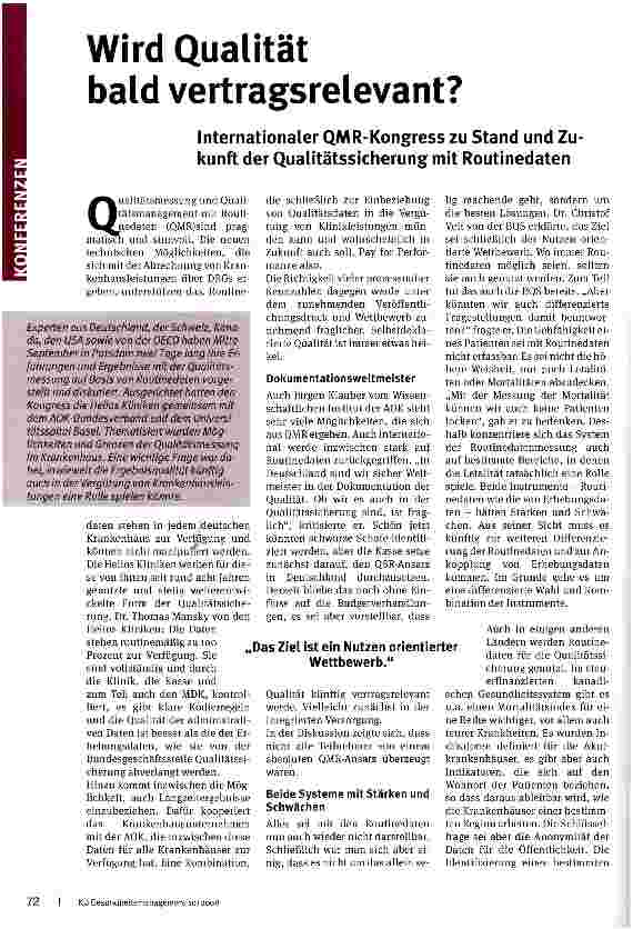 Vorschauseite 1: Wird Qualität bald vertragsrelevant? Internationaler QMR-Kongress zu Stand und Zu kunft der Qualitätssicherung mit Routinedaten