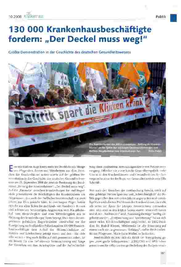 Vorschauseite 1: 130 000 Krankenhausbeschäftigte fordern: „Der Deckel muss weg! Größte Demonstration in der Geschichte des deutschen Gesundheitswesens