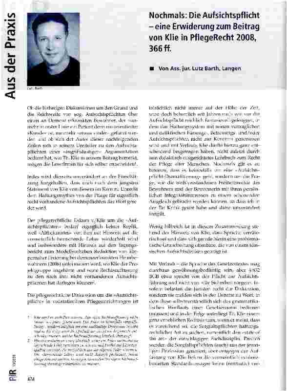 Vorschauseite 1: Nochmals: Die Aufsichtspflicht -eine Erwiderung zum Beitrag von Klie in PflegeRecht 2008, 366 ff.