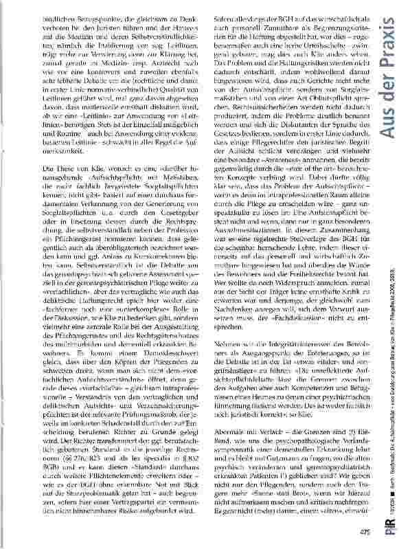 Vorschauseite 2: Nochmals: Die Aufsichtspflicht -eine Erwiderung zum Beitrag von Klie in PflegeRecht 2008, 366 ff.