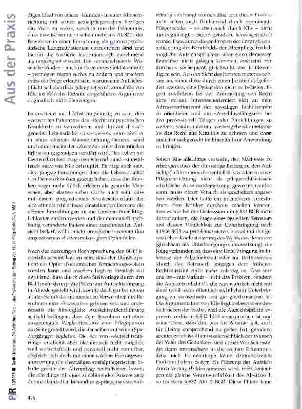 Vorschauseite 3: Nochmals: Die Aufsichtspflicht -eine Erwiderung zum Beitrag von Klie in PflegeRecht 2008, 366 ff.