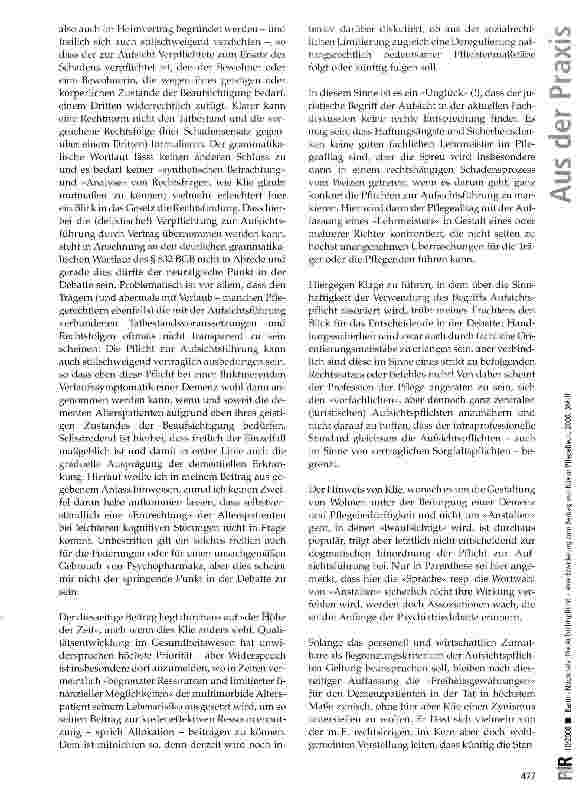Vorschauseite 4: Nochmals: Die Aufsichtspflicht -eine Erwiderung zum Beitrag von Klie in PflegeRecht 2008, 366 ff.