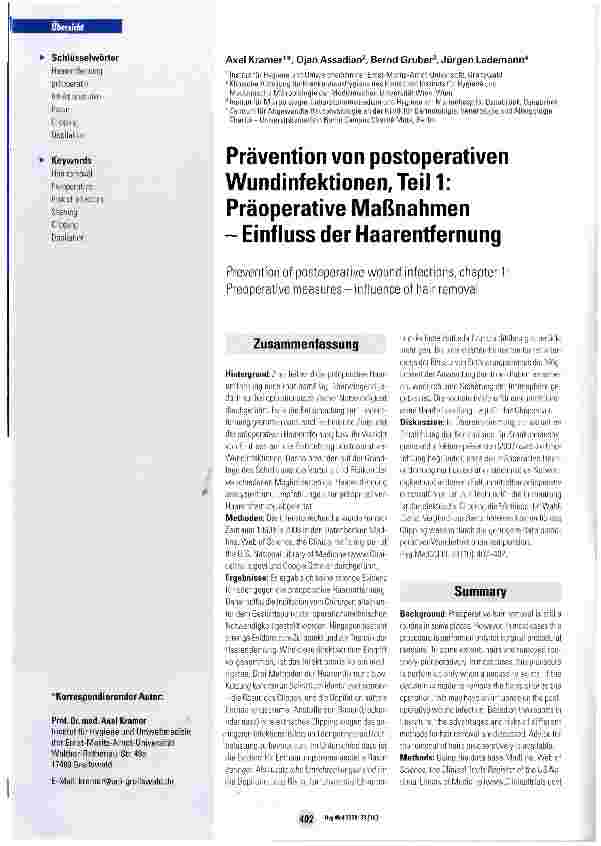 Vorschauseite 1: Prävention von postoperativen Wundinfektionen, Teil 1: Präoperative Maßnahmen - Einfluss der Haarentfernung