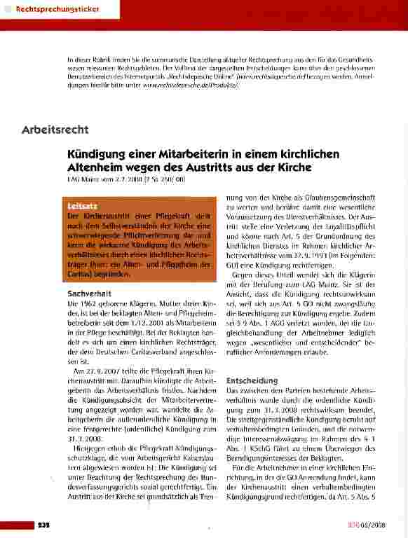 Vorschauseite 1: Kündigung einer Mitarbeiterin in einem kirchlichen Altenheim wegen des Austritts aus der Kirche