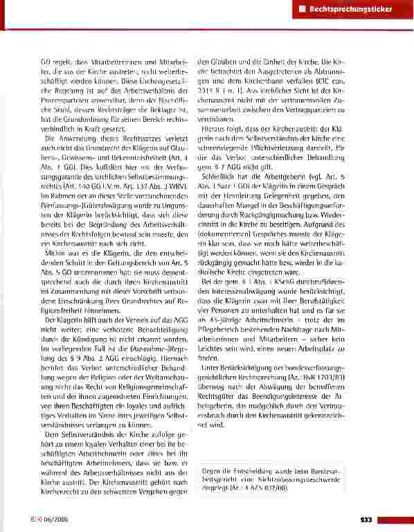 Vorschauseite 2: Kündigung einer Mitarbeiterin in einem kirchlichen Altenheim wegen des Austritts aus der Kirche