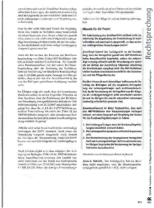 Vorschauseite 4: Krankenkasse muss Kosten für Pflegeleistungen übernehmen, auch wenn vertragsärztliche Verordnung später als drei Tage nach Ausstellung eingeht