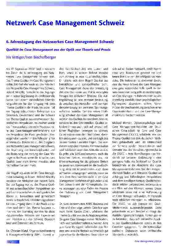 Vorschauseite 1: Netzwerk Case Management Schweiz6. Jahrestagung des Netzwerkes Case Management Schweiz Qualität im Case Management aus der Optik von Theorie und Praxis
