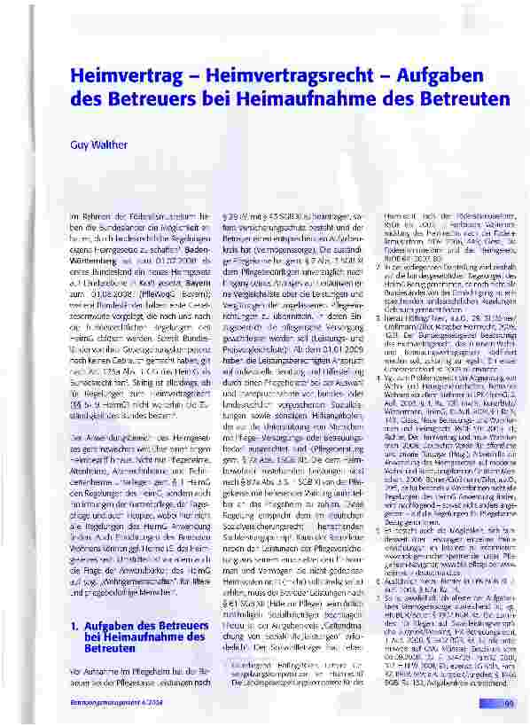 Vorschauseite 1: Heimvertrag - Heimvertragsrecht - Aufgaben des Betreuers bei Heimaufnahme des Betreuten