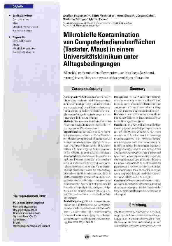 Vorschauseite 1: Mikrobielle Kontamination von Computerbedienoberflächen (Tastatur, Maus) in einem Universitätsklinikum unter Alltagsbedingungen