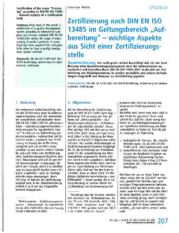 Vorschauseite 1: Zertifizierung nach DIN EN ISO 13485 im Geltungsbereich „Aufbereitung - wichtige Aspekte aus Sicht einer Zertifizierungsstelle