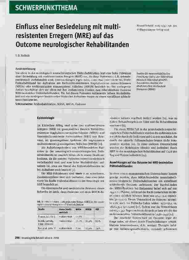 Vorschauseite 1: Einfluss einer Besiedelung mit multiresistenten Erregern (MRE) auf das Outcome neurologischer Rehabilitanden