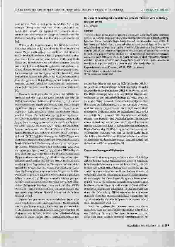 Vorschauseite 2: Einfluss einer Besiedelung mit multiresistenten Erregern (MRE) auf das Outcome neurologischer Rehabilitanden