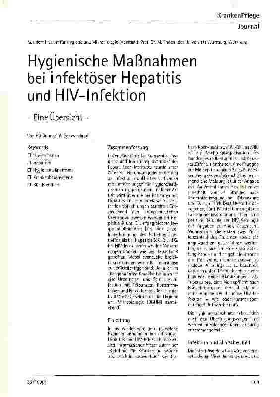 Vorschauseite 1: Hygienische Maßnahmen bei infektiöser Hepatitis und HIV-Infektionen - Eine Übersicht -