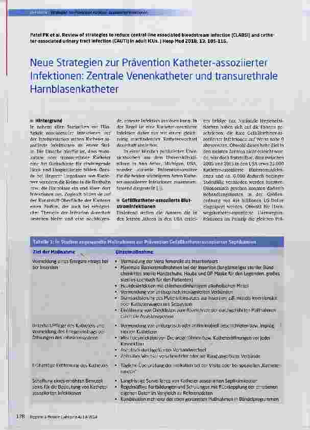 Vorschauseite 1: Neue Strategien zur Prävention Katheter-assoziierter Infektionen: Zentrale Venenkatheter und transurethrale Harnblasenkatheter
