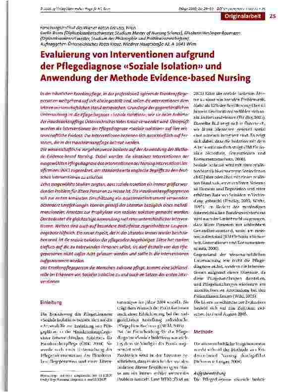 Vorschauseite 1: Evaluierung von Interventionen aufgrund der Pflegediagnose «Soziale Isolation» und Anwendung der Methode Evidence based Nursing