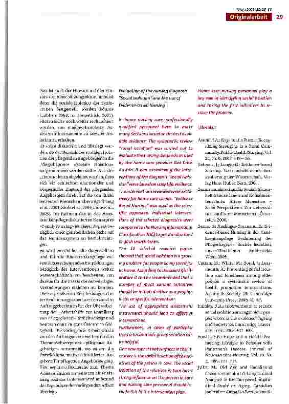 Vorschauseite 5: Evaluierung von Interventionen aufgrund der Pflegediagnose «Soziale Isolation» und Anwendung der Methode Evidence based Nursing