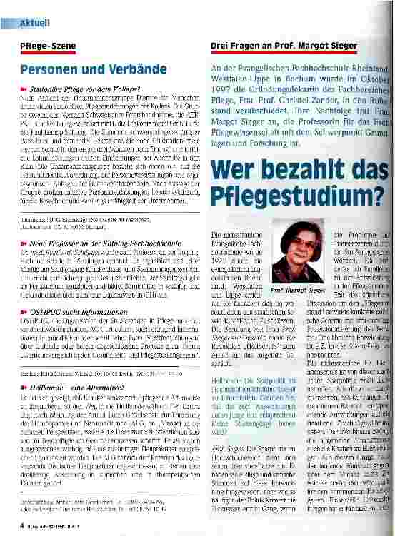 Vorschauseite 1: Wer bezahlt das Pflegestudium? Drei Fragen an Prof. Margot Sieger