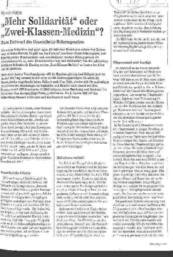 Vorschauseite 1: Mehr Solidarität oder Zwei-Klassen-Medizin Zum Entwurf des Gesundheits-Reformgesetzes