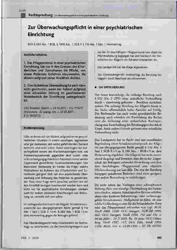 Vorschauseite 1: Zur Überwachungspflicht in einer psychiatrischen Einrichtung