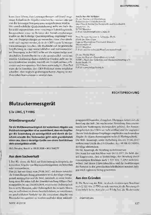 Vorschauseite 1: Blutzuckermessgerät § 3a UWG, § 7 HWG