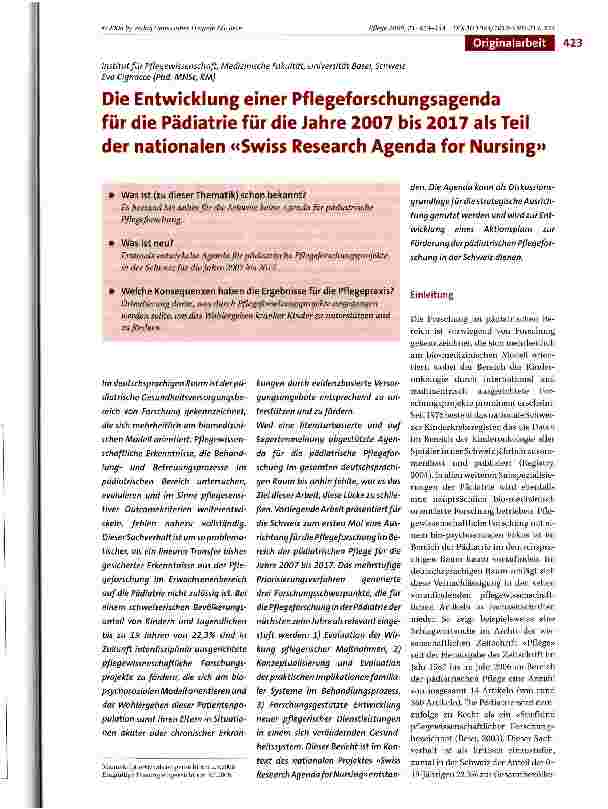 Vorschauseite 1: Die Entwicklung einer Pflegeforschungsagenda für die Pädiatrie für die Jahre 2007 bis 2017 als Teil der nationalen «Swiss Research Agenda for Nursing»