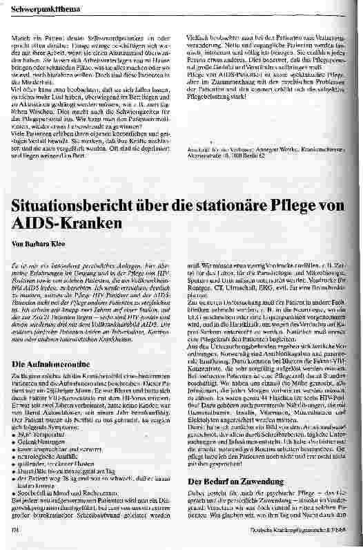 Vorschauseite 1: Situationsbericht über die stationäre Pflege von AIDS-Kranken