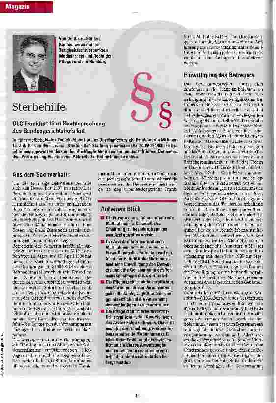 Vorschauseite 1: Sterbehilfe OLG Frankfurt führt Rechtsprechung des Bundesgerichtshofes fort