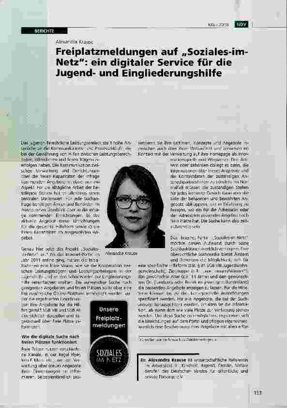 Vorschauseite 1: Freiplatzmeldungen auf „Soziales im Netz: ein digitaler Service für die Jugendund Eingliederungshilfe