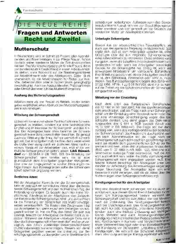 Vorschauseite 1: Die neue Reihe: Fragen und Antworten, Recht und Zweifel Mutterschutz