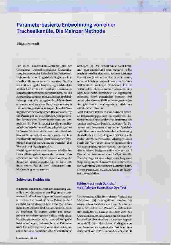 Vorschauseite 1: Parameterbasierte Entwöhnung von einer Trachealkanüle. Die Mainzer Methode