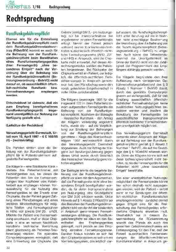 Vorschauseite 1: Rechtssprechung: Rundfunkgebührenpflicht