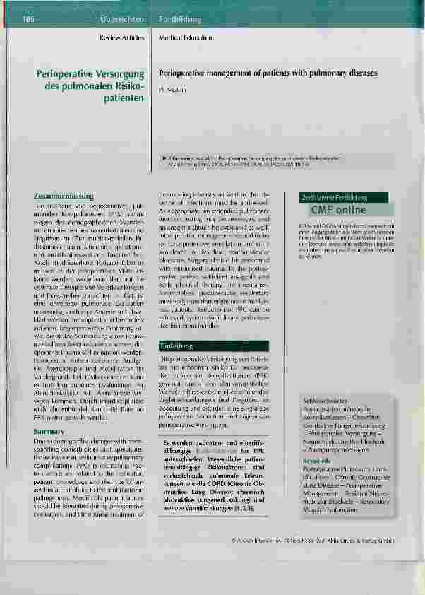 Vorschauseite 1: Perioperative Versorgung des pulmonalen Risikopatienten