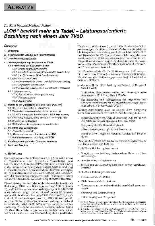 Vorschauseite 1: „LOB bewirkt mehr als Tadel! - Leistungsorientierte Bezahlung nach einem Jahr TVöD