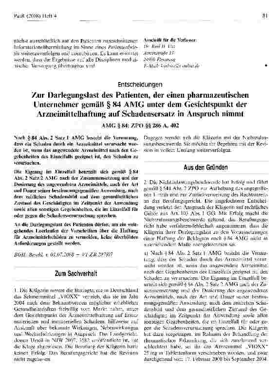 Vorschauseite 1: Zur Darlegungslast des Patienten, der einen pharmazeutischenUnternehmer gemäß § 84 AMG unter dem Gesichtspunkt derArzneimittelhaftung auf Schadensersatz in Anspruch nimmt