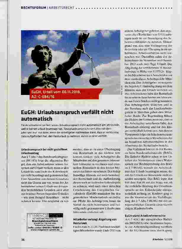 Vorschauseite 1: EuGH: Urlaubsanspruch verfällt nicht automatisch