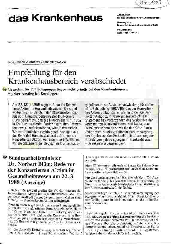 Vorschauseite 1: Empfehlung für den Krankenhausbereich verabschiedet Ursachen für die Fehlbelegungen liegen nicht primär bei den Krankenhäusern