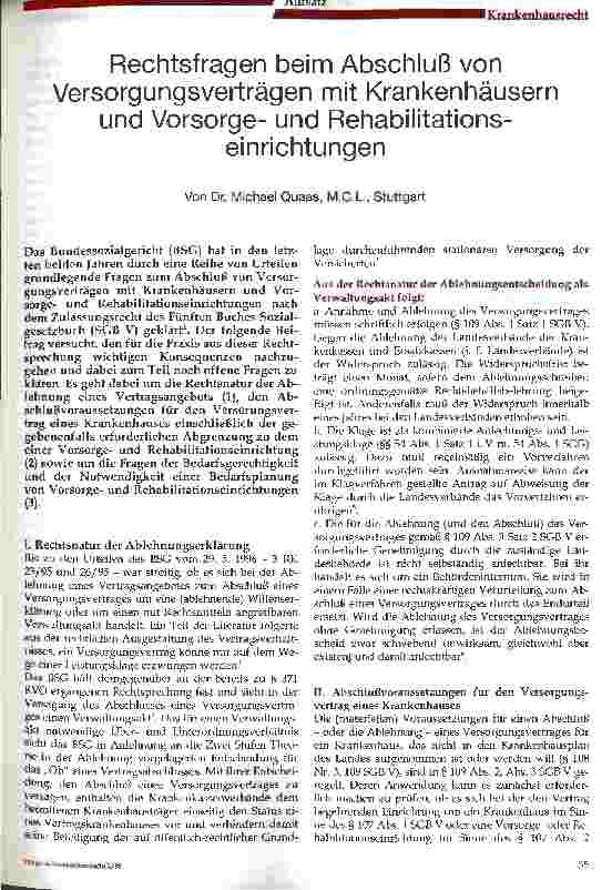 Vorschauseite 1: Rechtsfragen beim Abschluß von Versorgungsverträgen mit Krankenhäusern und Vorsorgeund Rehabilitationseinrichtungen