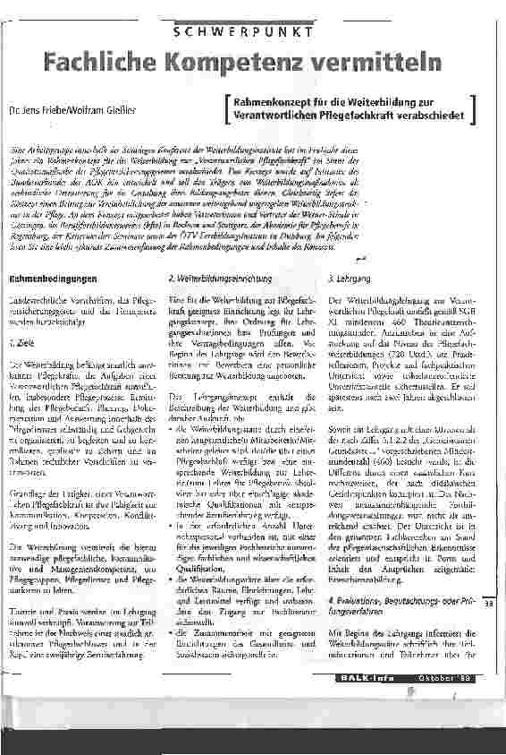 Vorschauseite 1: Fachliche Kompetenz vermitteln Rahmenkonzept für die Weiterbildung zur Verantwortlichen Pflegefachkraft