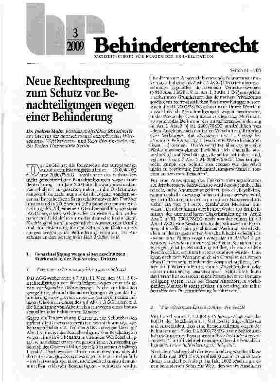 Vorschauseite 1: Neue Rechtsprechung zum Schutz vor Benachteiligungen wegen einer Behinderung