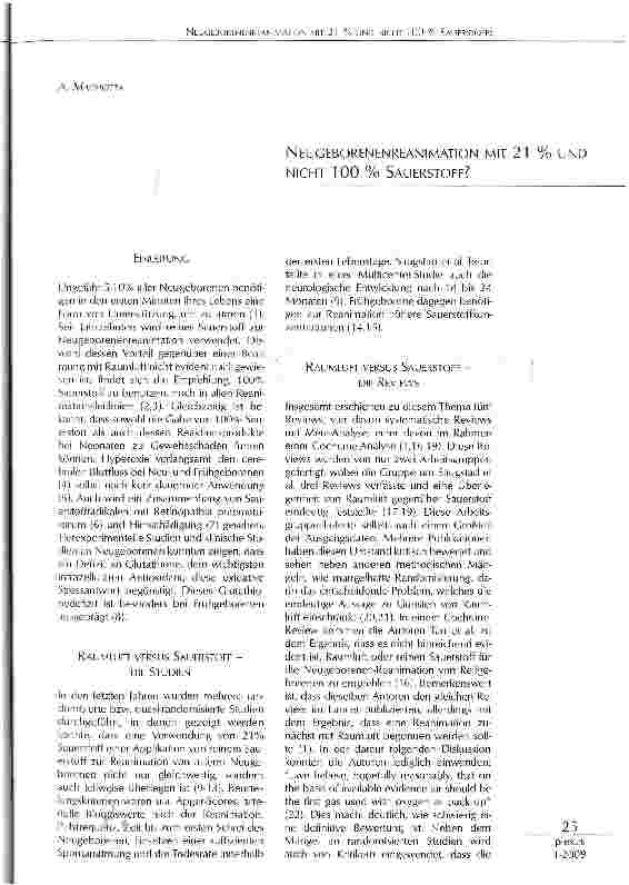 Vorschauseite 1: NEUGEBORENENREANIMATION MIT 21 % UND NICHT 100 % SAUERSTOFF?