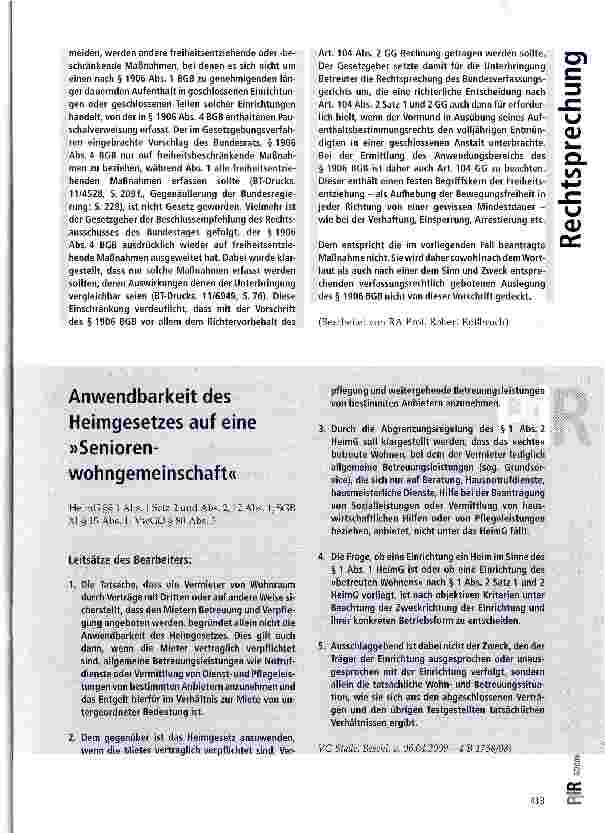Vorschauseite 1: Anwendbarkeit des Heimgesetzes auf eine »Seniorenwohngemeinschaft«