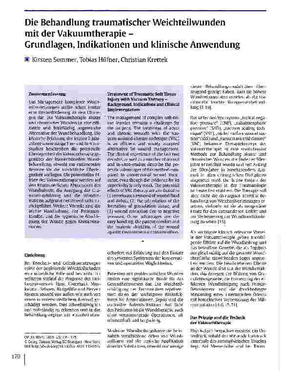 Vorschauseite 1: Die Behandlung traumatischer Weichteilwunden mit der Vakuumtherapie - Grundlagen, Indikationen und klinische Anwendung
