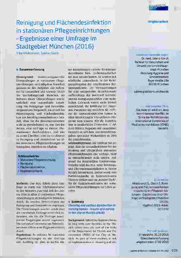 Vorschauseite 1: Reinigung und Flächendesinfektion in stationären Pflegeeinrichtungen Ergebnisse einer Umfrage im Stadtgebiet München (2016)